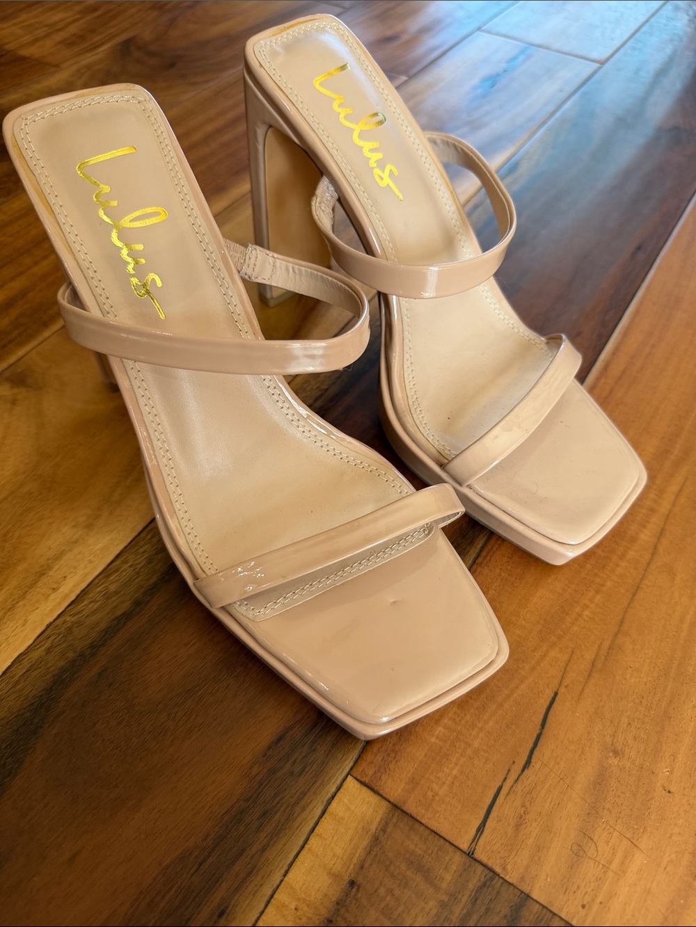 Lulu's Blush Patent Square-Toe Strappy Block Heels